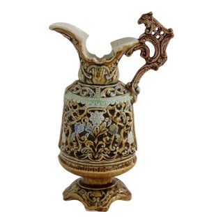 Antique Staffordshire Majolica Griffon Handle Ewer Reticulated Pitcher, England For Sale