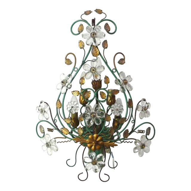 Large Italian Florentine Style Wall Sconce in Green Metal with Crystal Flowers, 1960s For Sale