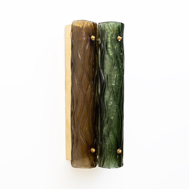 Modern Amber and Green Murano Glass and Brass Sconces, 2000s, Set of 2 For Sale - Image 4 of 12