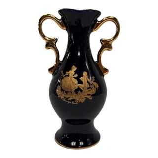 French Limoges Castel Cobalt Porcelain Miniature Amphora Vase – Fragonard Scene For Sale