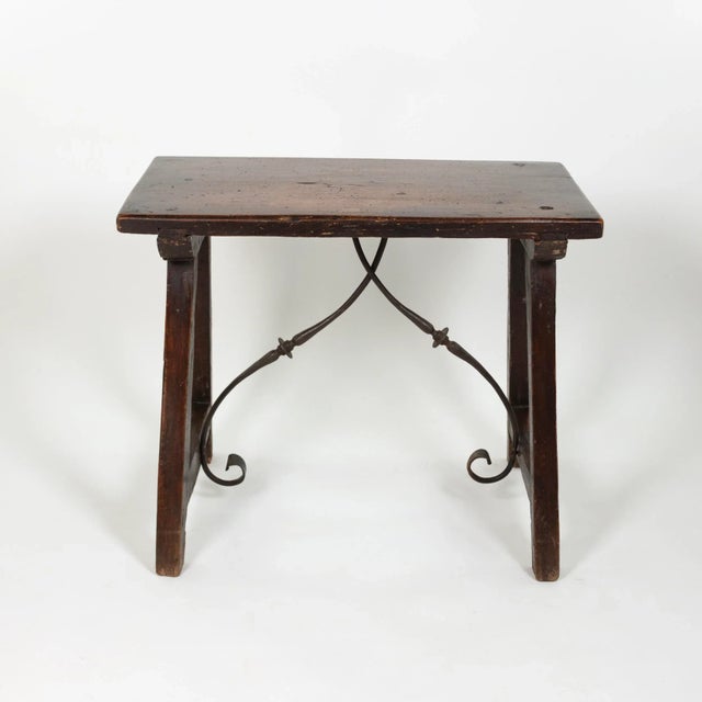 Small Scale Spanish Walnut Trestle Table With Iron Stretcher Circa 1850 For Sale In San Francisco - Image 6 of 7