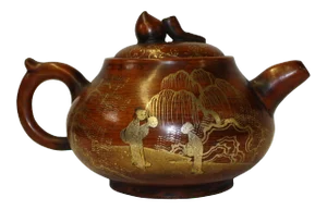 Chinese Zisha Clay Brown Golden Scenery Teapot Display