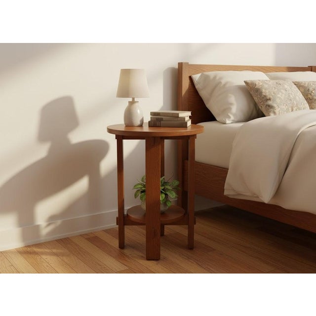 Brown Mission Style Oak Round End Table - Walnut Stain For Sale - Image 8 of 13