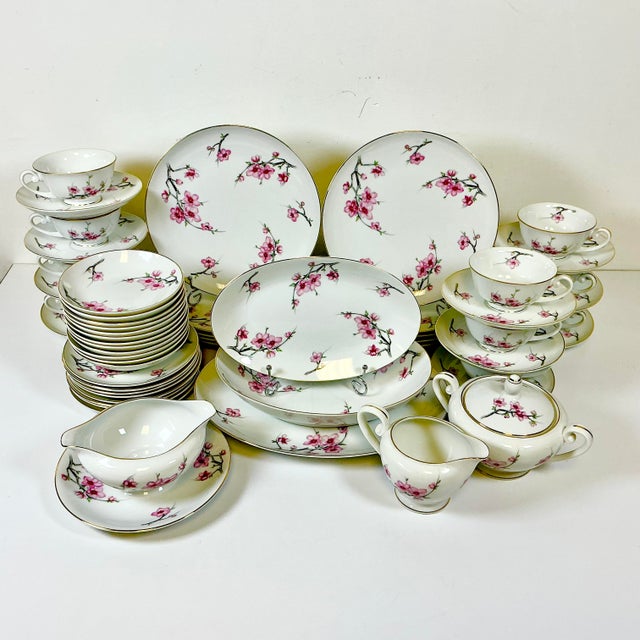 1940s Vintage Hollywood Regency Japanese Minimalist Cherry Blossom Dinnerware - Set of 56 For Sale - Image 6 of 14