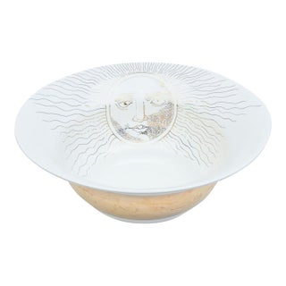 Signed Large Artisan Ceramic Bowl With Gold Band and Sun Face in Fornasetti Style, 90's For Sale