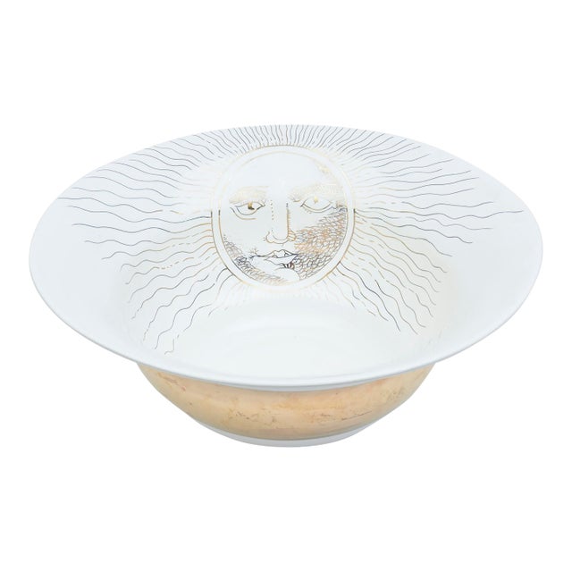 Signed Large Artisan Ceramic Bowl With Gold Band and Sun Face in Fornasetti Style, 90's For Sale