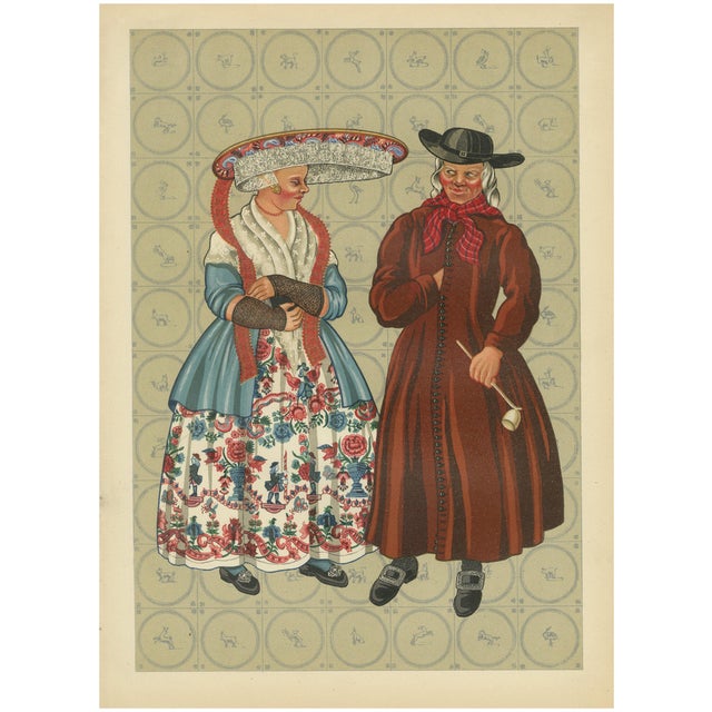 Frisian Costumes of Makkum in the Netherlands with Lace Cap and Redingote, 1932, Paper For Sale