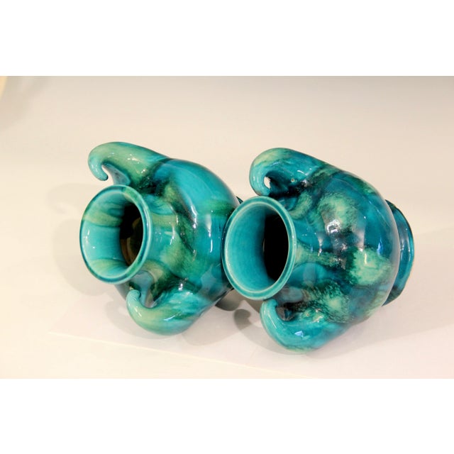 Art Deco Pair 1930s Awaji Pottery Art Deco Japanese Vintage Studio Muscle Vases Blue Green Flambe For Sale - Image 3 of 8