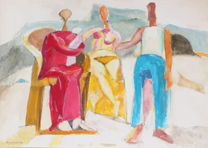 Gerald Wasserman Abstracted Figures in Landscape Gouache Painting, 20th Century