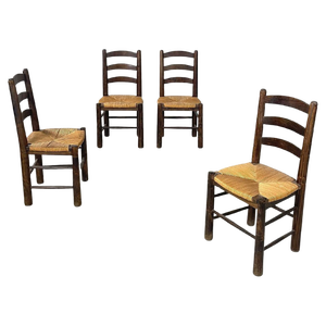 Mid-Century Modern French Dark Wood and Straw Chairs by Georges Robert, 1950s, Set of 4