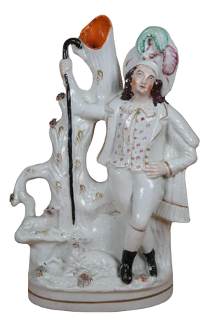 Antique 19th Century Staffordshire Porcelain Shepherd & Lambs Spill Vase