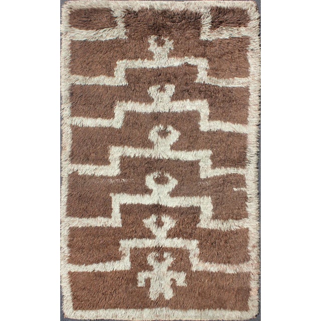Vintage Mid-Century Modern Turkish Tulu With Tribal Pattern in Ice Blue and Brown Rug For Sale - Image 13 of 13