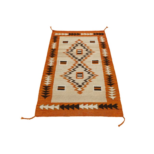 Mid-Century Modern Mid-Century Modern Navajo Style Terracotta and Cream Wool Flatweave Area Rug For Sale - Image 3 of 8
