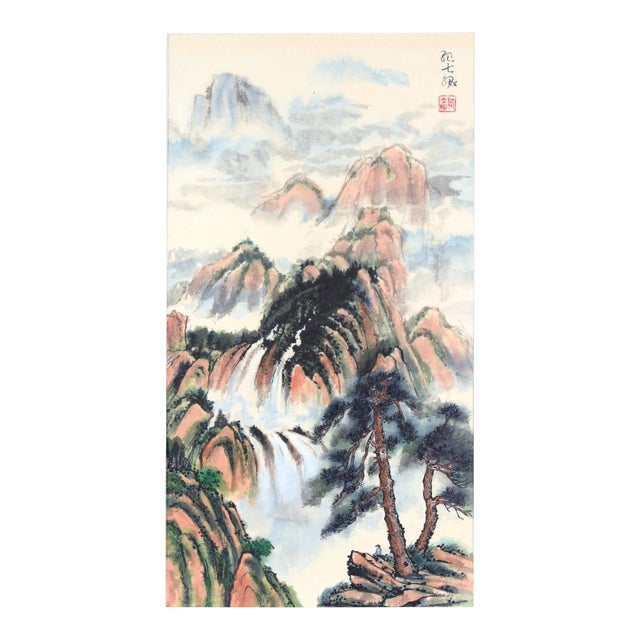 Spring Rain - Vertical Chinese Landscape With Waterfalls and Mountains For Sale