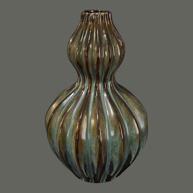 Mid-Century Modern Vintage Mid-Century-Modern Glazed Pottery Double Gourd Ribbed Multicolor Earth Tone Vase For Sale - Image 3 of 7