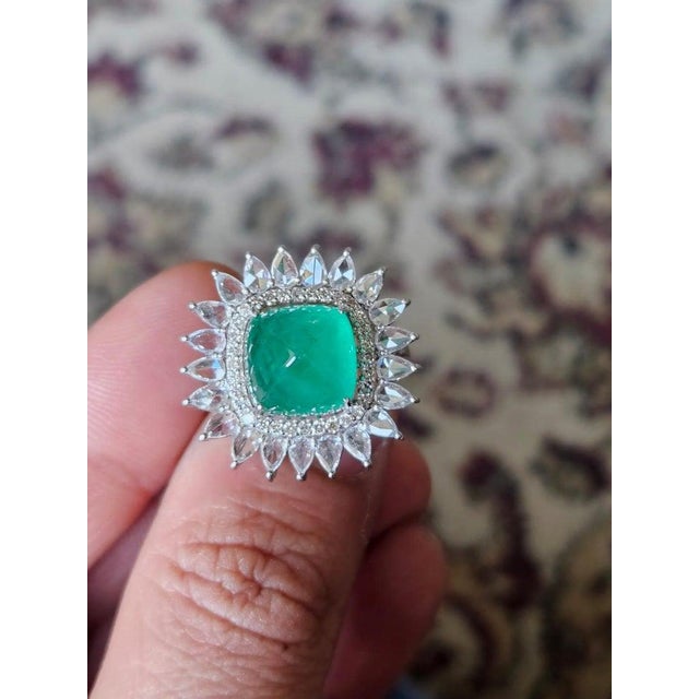 2020s 5.88 Carats, Natural Zambian Emerald Sugarloaf & Rose Cut Diamonds Cocktail Ring, Size 7 For Sale - Image 5 of 9