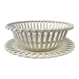 18th Century English Wedgwood Creamware Woven Basket Bowl and Plate For Sale