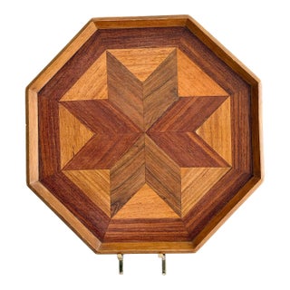 20thC Mid-Century Modern Danish Teak Starburst Inlay Tray, 15” Octagonal, Scandinavian Marquetry For Sale