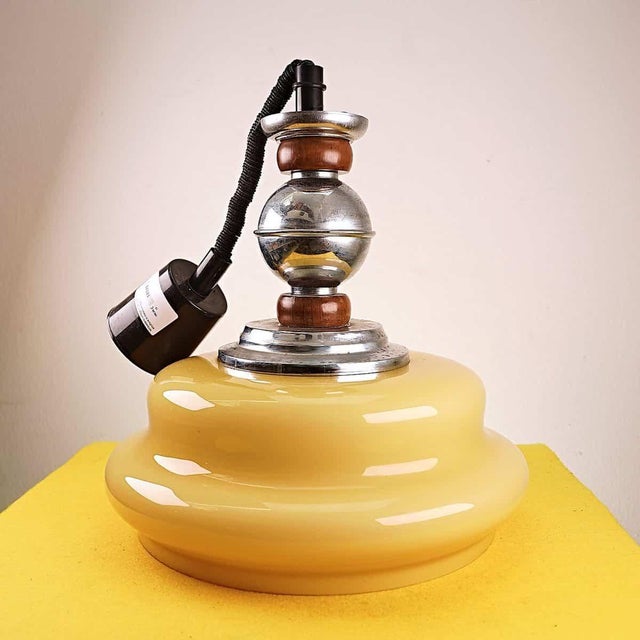 Vintage Yellow Glass Pendant with Metal and Wood Structure For Sale - Image 4 of 4