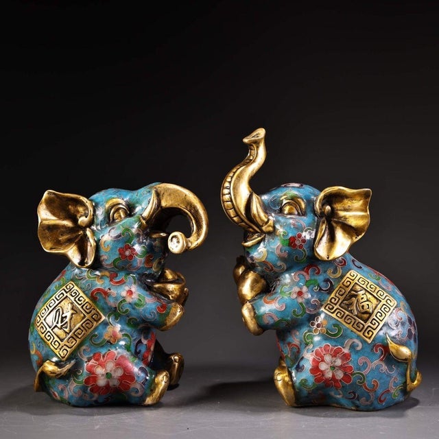 Mid 20th Century Mid 20th Century Pair of Gilt Cloisonne Enamel Elephant Figures – 7.9" Auspicious Statues For Sale - Image 5 of 8