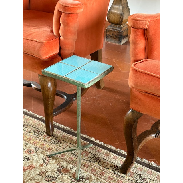Baby Blue Modern Azure Iron and Tiles Side Table, France 1960s For Sale - Image 8 of 9
