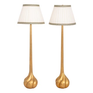 Pair of Robert Kuo Spiral Bulb Form Gilt Brass Floor Lamps For Sale