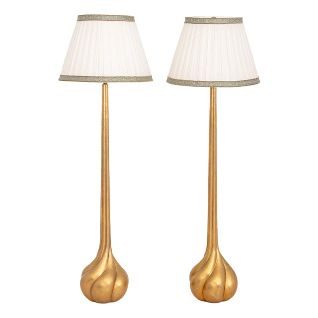 Pair of Robert Kuo Spiral Bulb Form Gilt Brass Floor Lamps For Sale