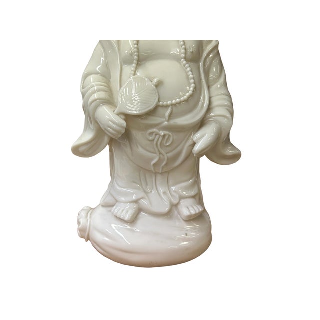 White Happy Laughing Buddha Holding Fan Deity Porcelain Figure For Sale - Image 10 of 10
