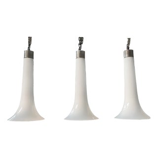 Italian Modern Chandeliers in White Opaline Glass and Metal, 1970s, Set of 3 For Sale