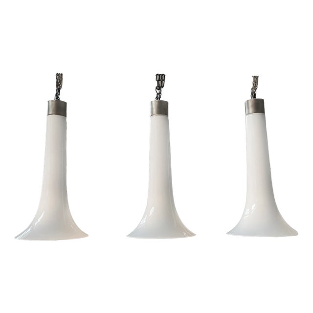 Italian Modern Chandeliers in White Opaline Glass and Metal, 1970s, Set of 3 For Sale