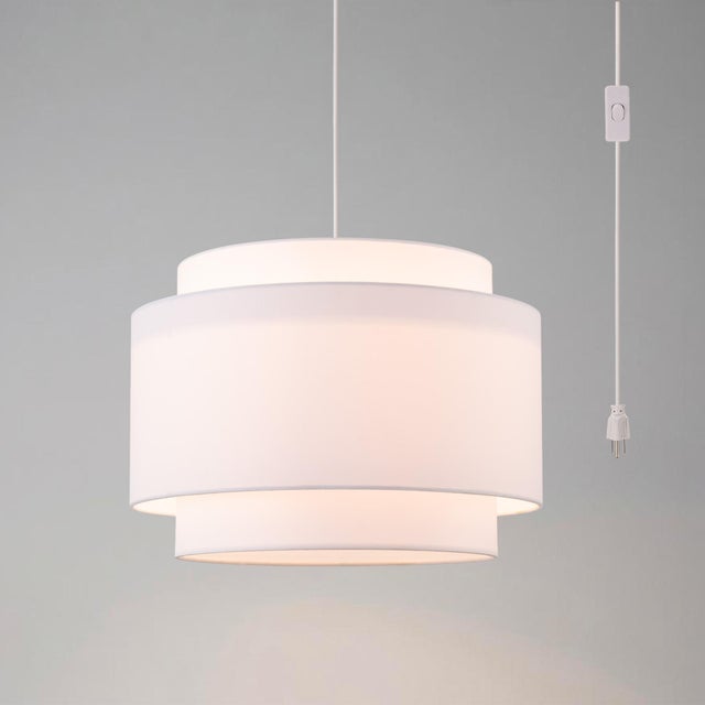Mid-Century Modern Coronado 18 Swag Lamp - Satin Nickel Steel, Double Drum White Linen Shade, Dimmable Plug-in Modern Luminaire With Cord Hooks For Sale - Image 3 of 6