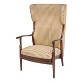 Ear Flap Chair in Rosewood and Striped Fabric, 1930s For Sale