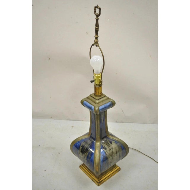 Vintage Mid Century Modern Blue Drip Glazed Sculpted Ceramic Pottery Table Lamp For Sale - Image 11 of 11