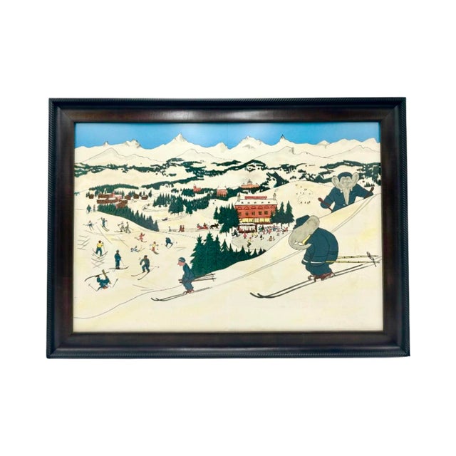 White Vintage Le Voyage De Babar Ski Framed Lithographic Page For Sale - Image 8 of 8