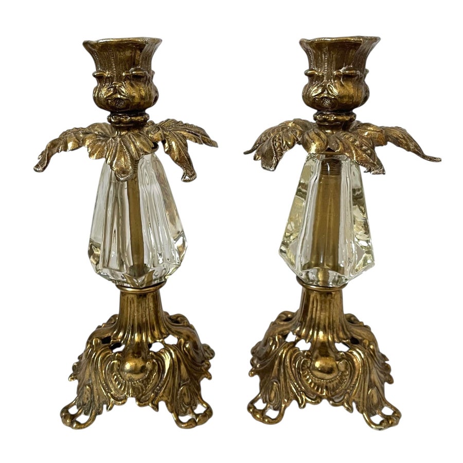 VTG 70's L&l WMC Brass Crystal Candle Stick Holder Hollywood