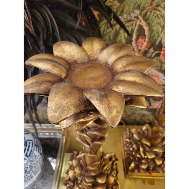 Gold Oversized Vintage Gold Gilt Hollywood Regency Serge Roche Style Palm Tree Candle Holders- A Pair For Sale - Image 8 of 10