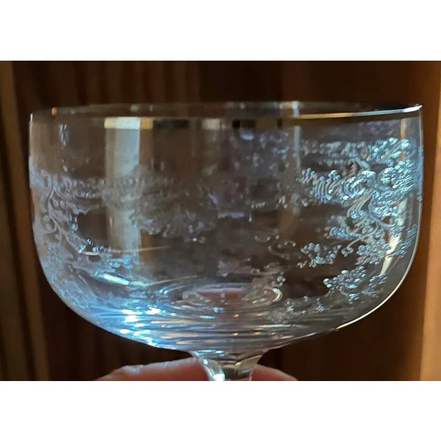 Transparent Vintage Etched Crystal Champagne Coupes With Platinum Rim, Faceted Stem Barware – Set of 2 For Sale - Image 8 of 9