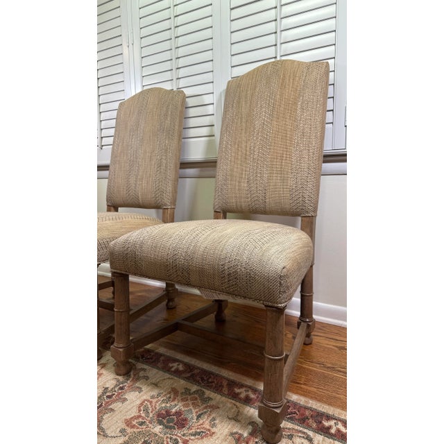 Early 20th Century Pair of Ethan Allen Upholstered Dining Chairs in Neutral Woven Fabric (Nice) For Sale - Image 4 of 8