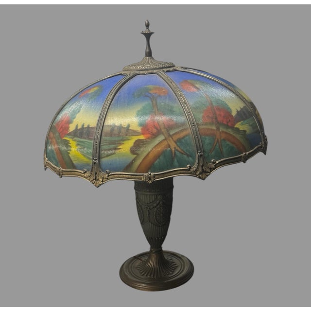 Antique Reverse Painted Glass 8 Panel Table Lamp Landscape 21” Shade 24.5” Description Impressive antique reverse-painted...