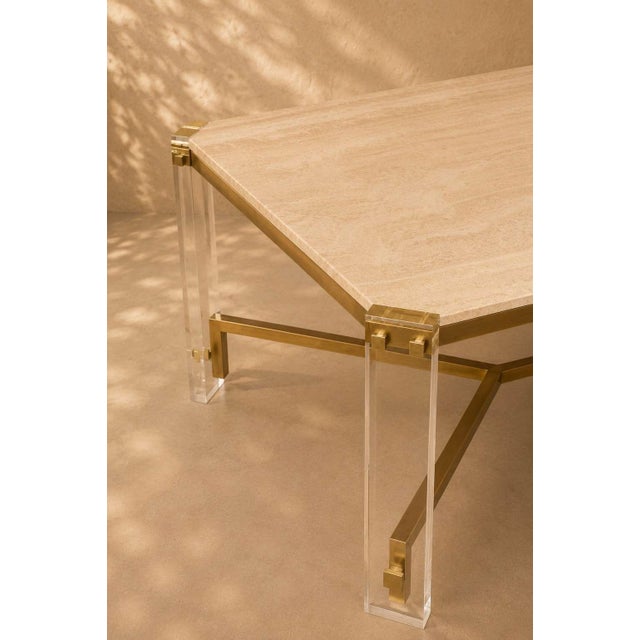 1970s Dining Table in Travertine, Gold-Tone Metal and Acrylic Glass, 1970s For Sale - Image 5 of 18