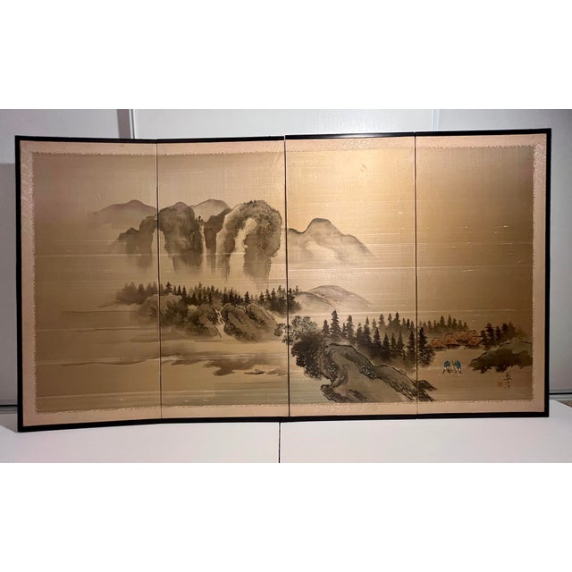 Vintage Japanese 4-Panel Byobu Folding Screen Hand Painted on Silk Kyoto Landscape 66” x 36” Description: Bring the...