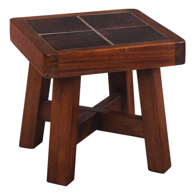 French Mahogany Tile-Top End Table in Brutalist Style, C. 1960 For Sale