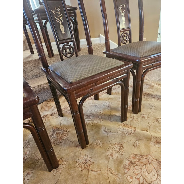 Wood Vintage Set of Five Chinoiserie Inlaid Back Dining Side Chairs For Sale - Image 7 of 15