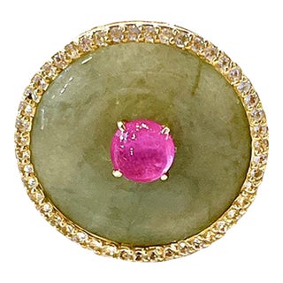 Bochic “Orient” Jade, Ruby & Diamond Dome Ring Set 18k & Silver Size 4.5 For Sale