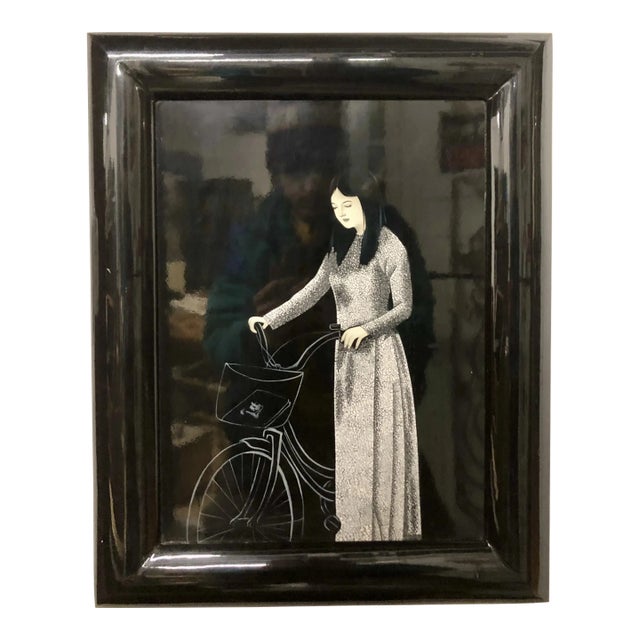 Vintage Black Lacquered Asian Vietnamese Girl Painting For Sale