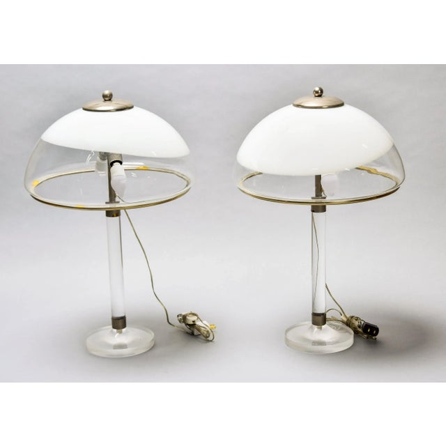 Pair Mid Century Italian Lamps With Lucite Base and All Glass Shades For Sale - Image 11 of 12