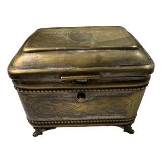 Vintage Brass Engraved Jewelry Casket With Claw Feet For Sale