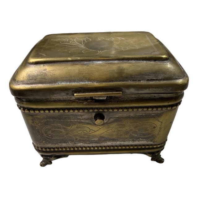 Vintage Brass Engraved Jewelry Casket With Claw Feet For Sale