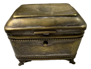 Vintage Brass Engraved Jewelry Casket With Claw Feet
