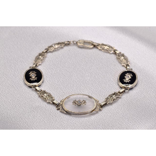 Contemporary The 48th Street: Antique Art Deco Camphor Glass Bracelet set with Diamonds and Onyx For Sale - Image 3 of 10